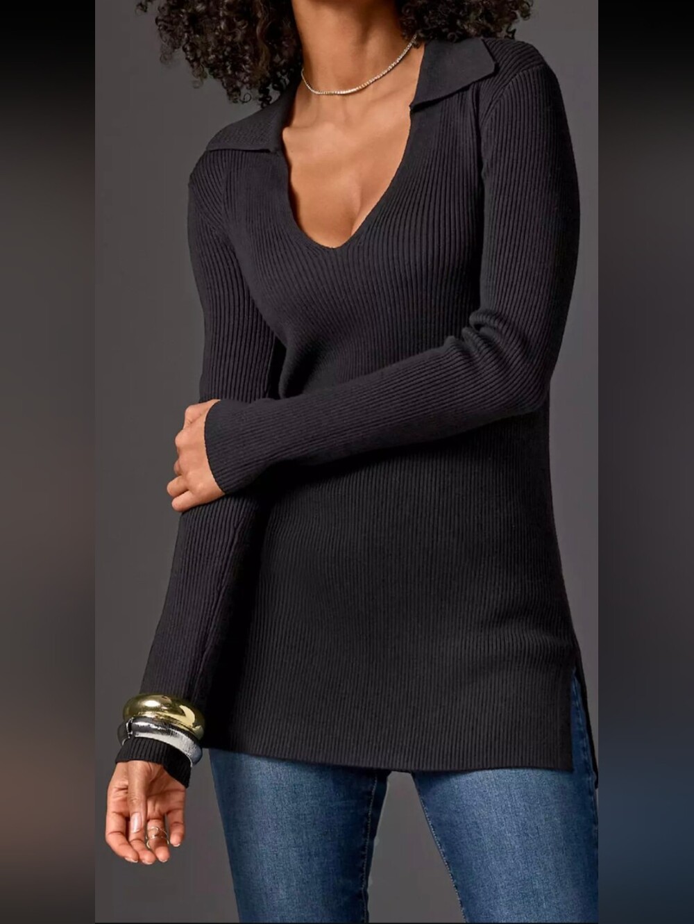 BOSTON PROPER Black Ribbed V-Neck Collared Tunic Sweater Size XL